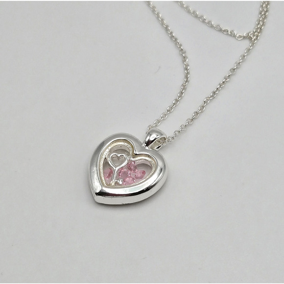 Heart Necklace Silvertone Keepsake Pendant Pink White Rhinestone Dainty Twee NEW - Picture 6 of 12